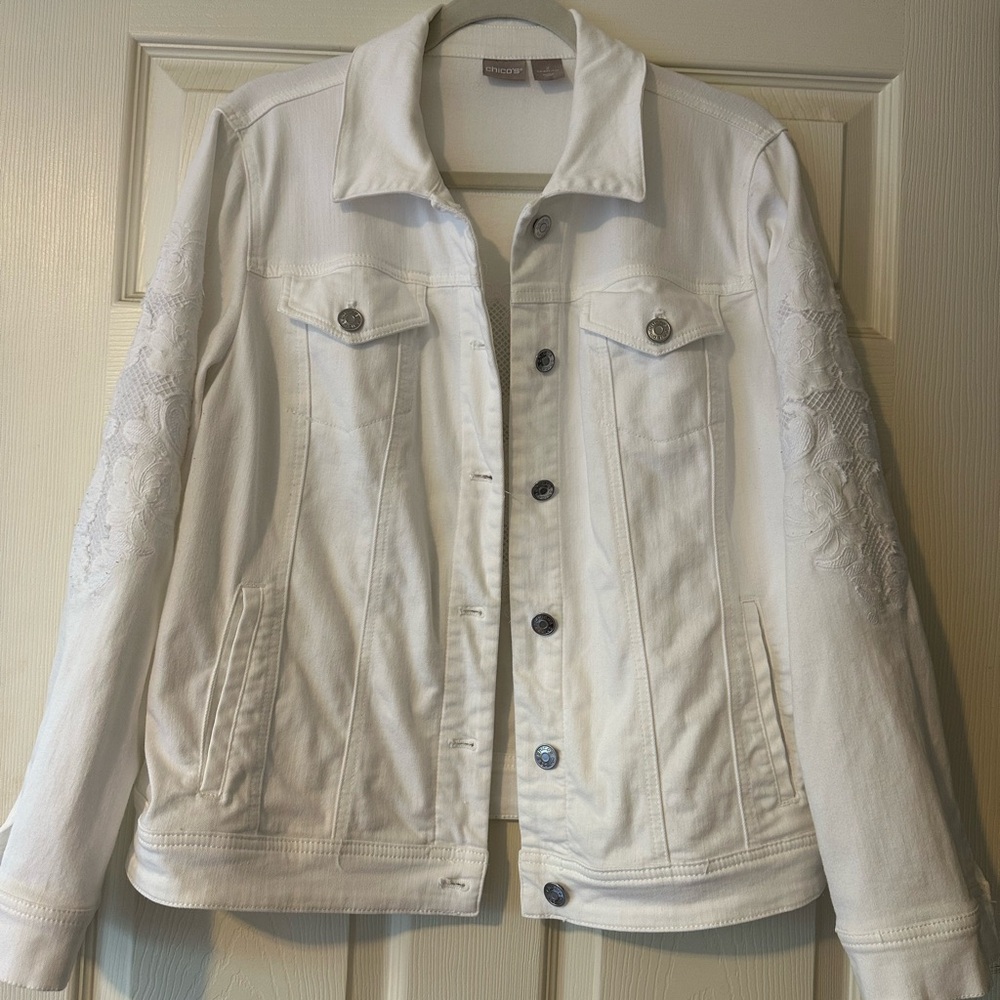 Chico's White Jean Jacket with lace insets.